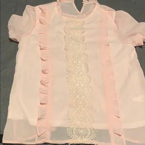 Contrast Lace Ruffle Trim Blouse (Baby Pink)